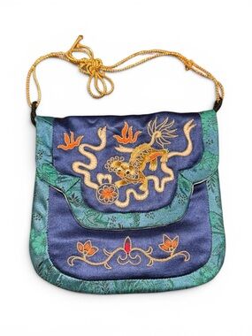 Vintage Chinese Silk Embroidered Dragon Pouch Purse Blue Brocade Bag